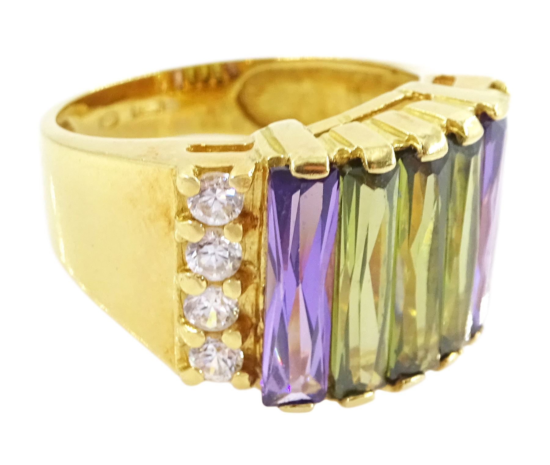 18ct gold purple and green paste stone set ring, with white paste stone sides, stamped 750