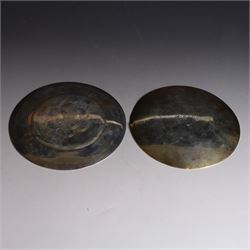 Two silver-gilt patens, comprising French silver example, of typical flatted circular form, engraved IHS to underside, with Minerva's head mark to one side and a 1960s example of similar form engraved IHS to underside, hallmarked Pepper & Hope Ltd, Birmingham 1967, largest D12.5cm
