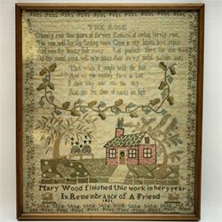 George IV sampler by Mary Wood aged nine, depicting verse titled The Rose, 'O lovely rose thou queen of flo'wrs Emblem of virtue lovely rose, Too soon will fly thy fleeting hours Come in my bosom here repose And soon thy beauty fad away Let goodnfs there for ever dwell But they sweet scent will ne'er decay And ev'ry sinful palsion quell That when I mingle with the dust And all this earthly form is lost I then may soar into the sky And join the choir of saints of high', above a fruiting vine and scene with cottage, beehives and trees, detailed 'Mary Wood finished this work in her 9 year in remembrance of a friend', within a vine border, within an oak frame under glass, sampler 31cm x 26.5cm, 