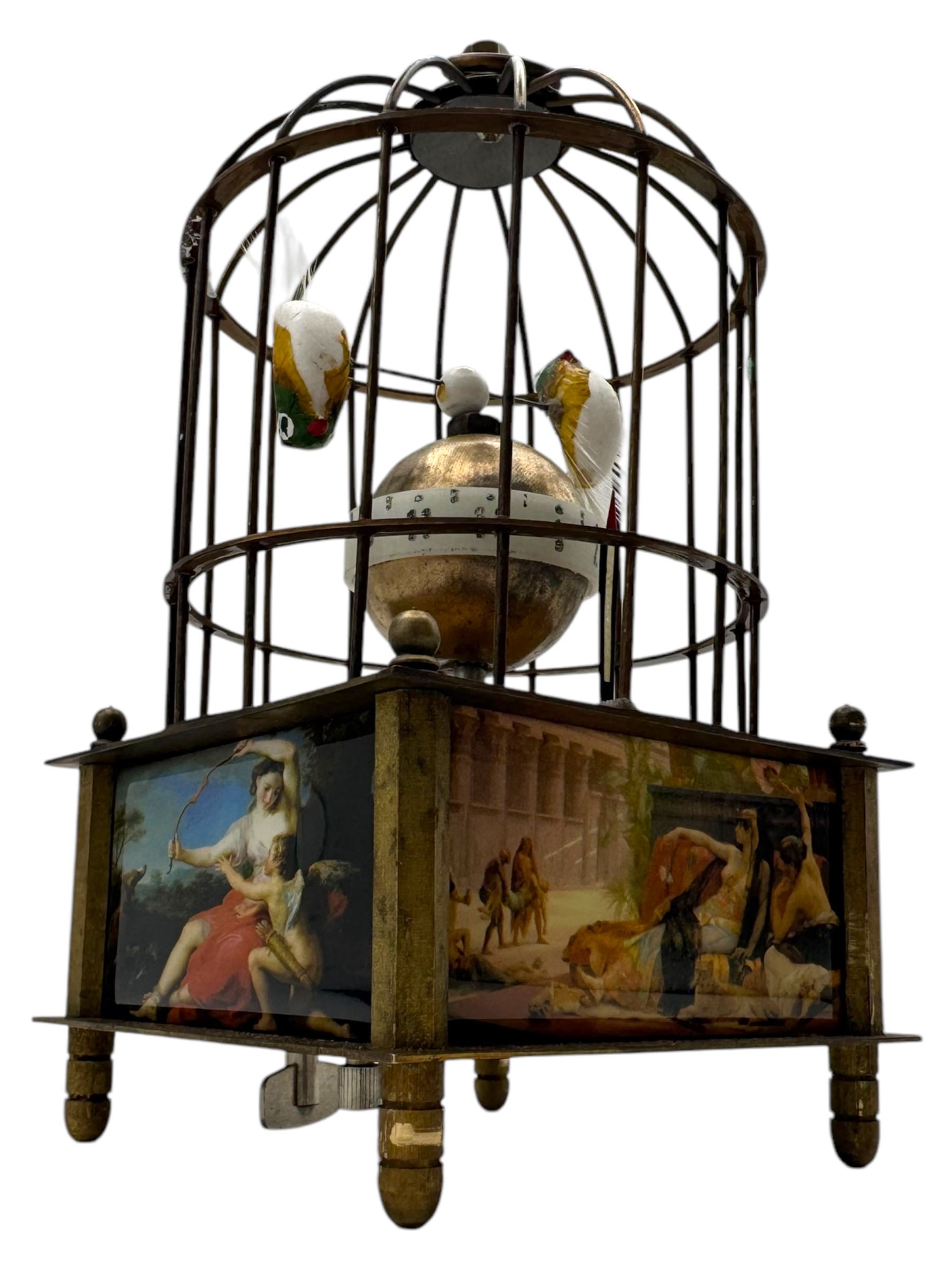 Reproduction clockwork automaton bird cage clock, H17cm