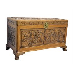 Chinese camphorwood blanket chest with stylized dragon carved decorated lid