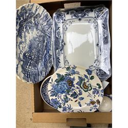 Victorian and later blue and white ceramics, to include meat platters, tureens, candlesticks etc, two boxes 