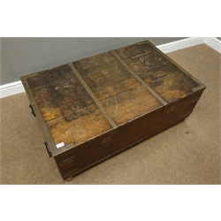  19th century oak and metal bound sea trunk, hinged top with two locks, wrought metal carrying handles, 111cm x 69cm, H40cm  