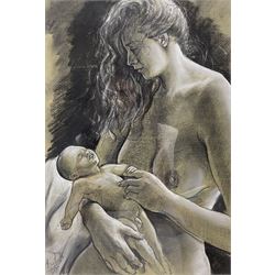 Anthony 'Tony' Tewfik (British 1955-): Nude Mother and Child Study, charcoal and crayon signed and dated 1997, 40cm x 27cm