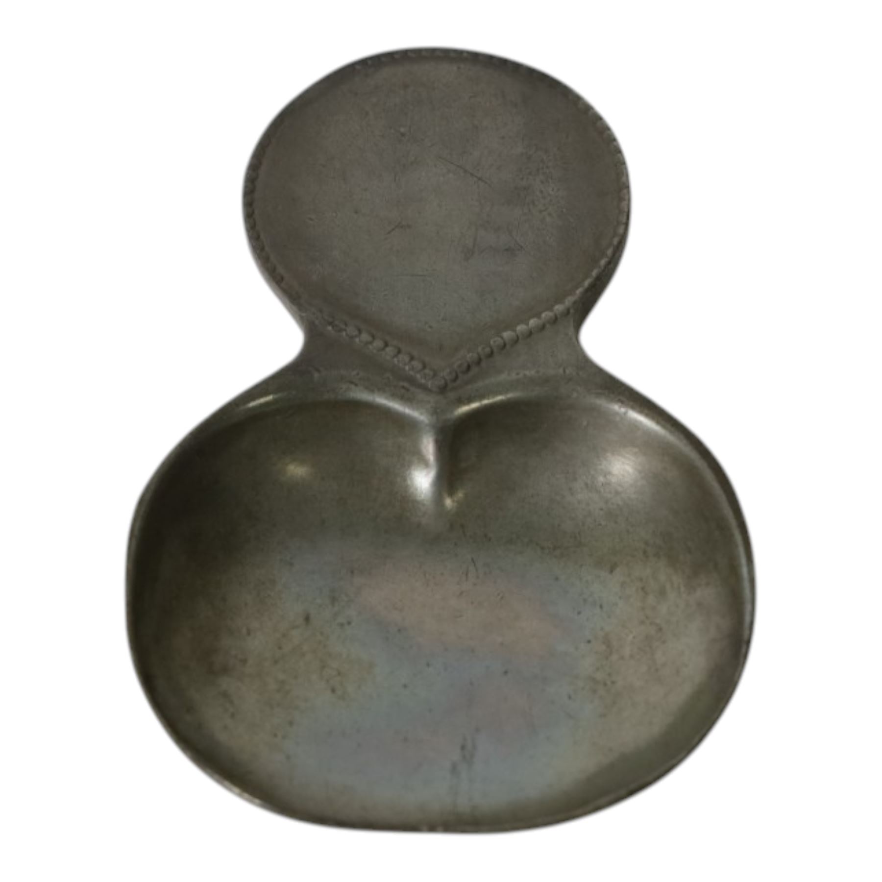 Liberty & Co., Tudric Arts and Crafts pewter caddy spoon, the apple shaped bowl with beaded teardrop handle, model 01092, H7cm