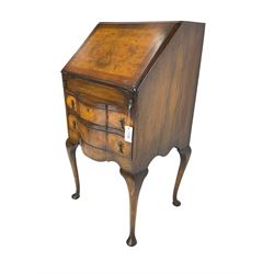 Early 20th century mahogany and walnut bureau, fall-front top enclosing fitted interior over two drawers, raised on cabriole supports
