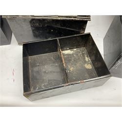 Six metal deed boxes painted black, largest example H39cm