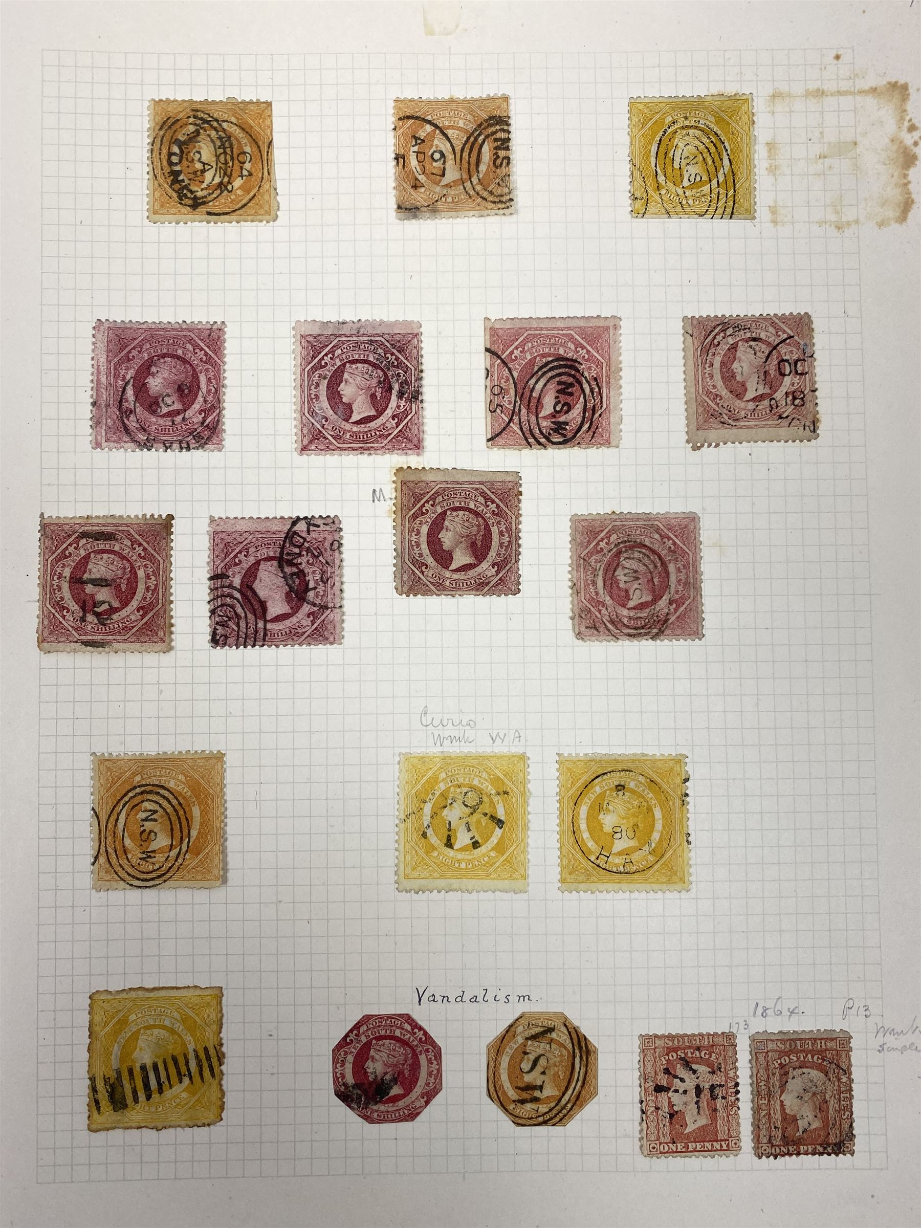 Australia New South Wales stamps, including 1850-4 various imperf issues, 1854-6 including five pence, six pence, one shilling etc, 1856-60 registered letter stamps, 1861-88 five shillings etc, housed on pages