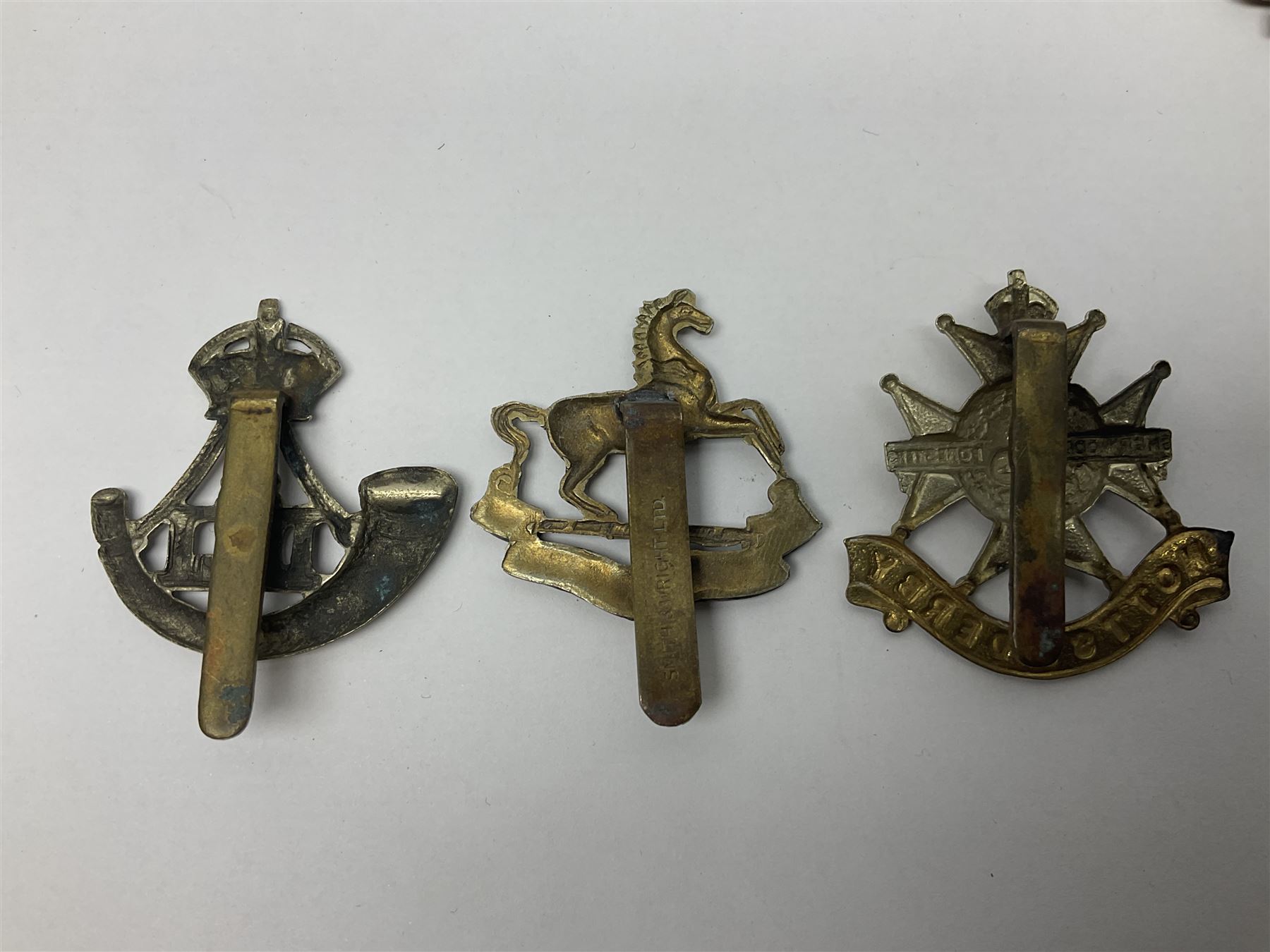 Twenty cap badges including Hertfordshire, Royal Sussex, Cambridgeshire, Hampshire, Notts and Derby, East Surrey, Herefordshire, South Lancashire, Devonshire, Bedfordshire, Durham Light Infantry etc (20)