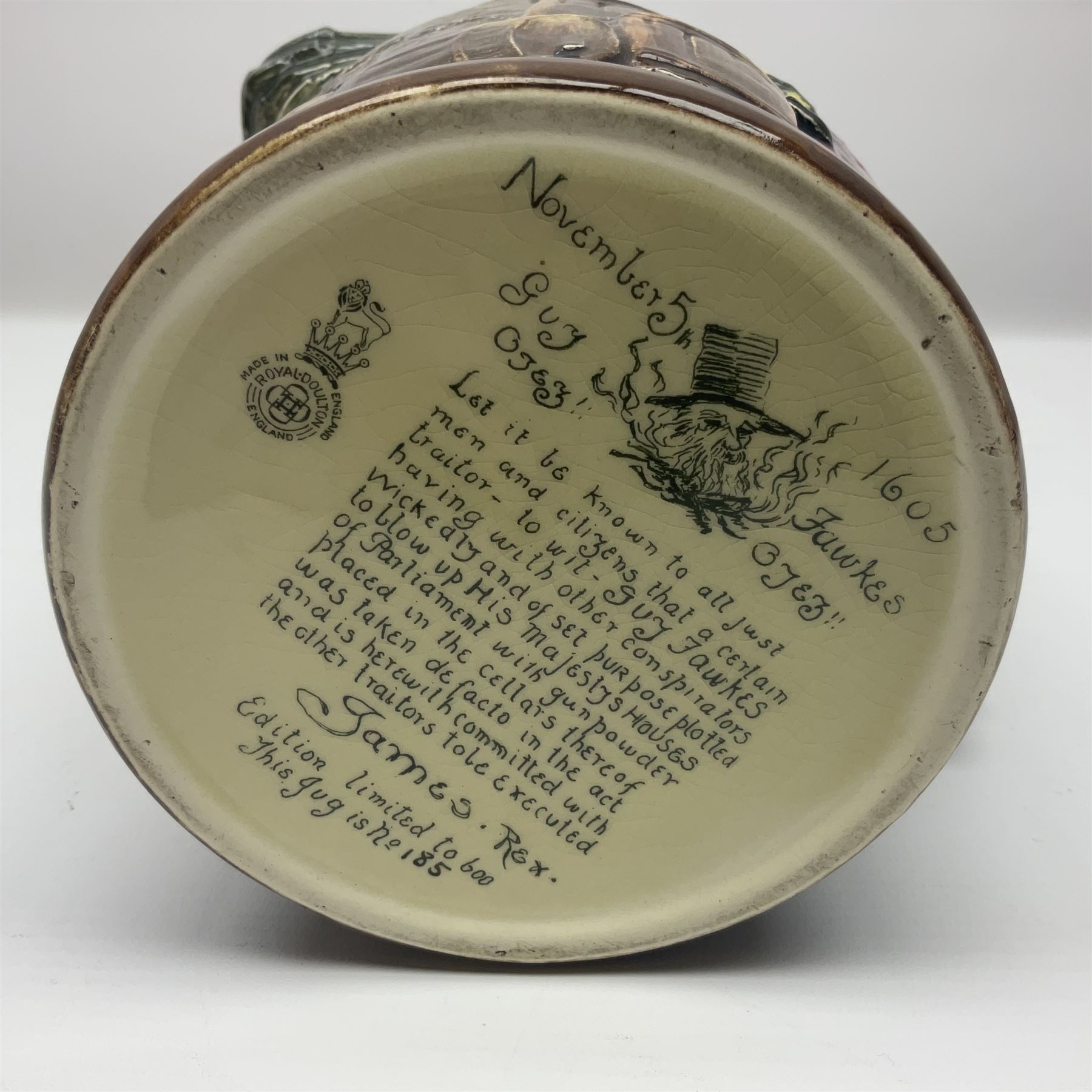 Royal Doulton Guy Fawkes jug designed by Henry Fenton, limited edition 185 of 600, with printed mark beneath, H19.5cm