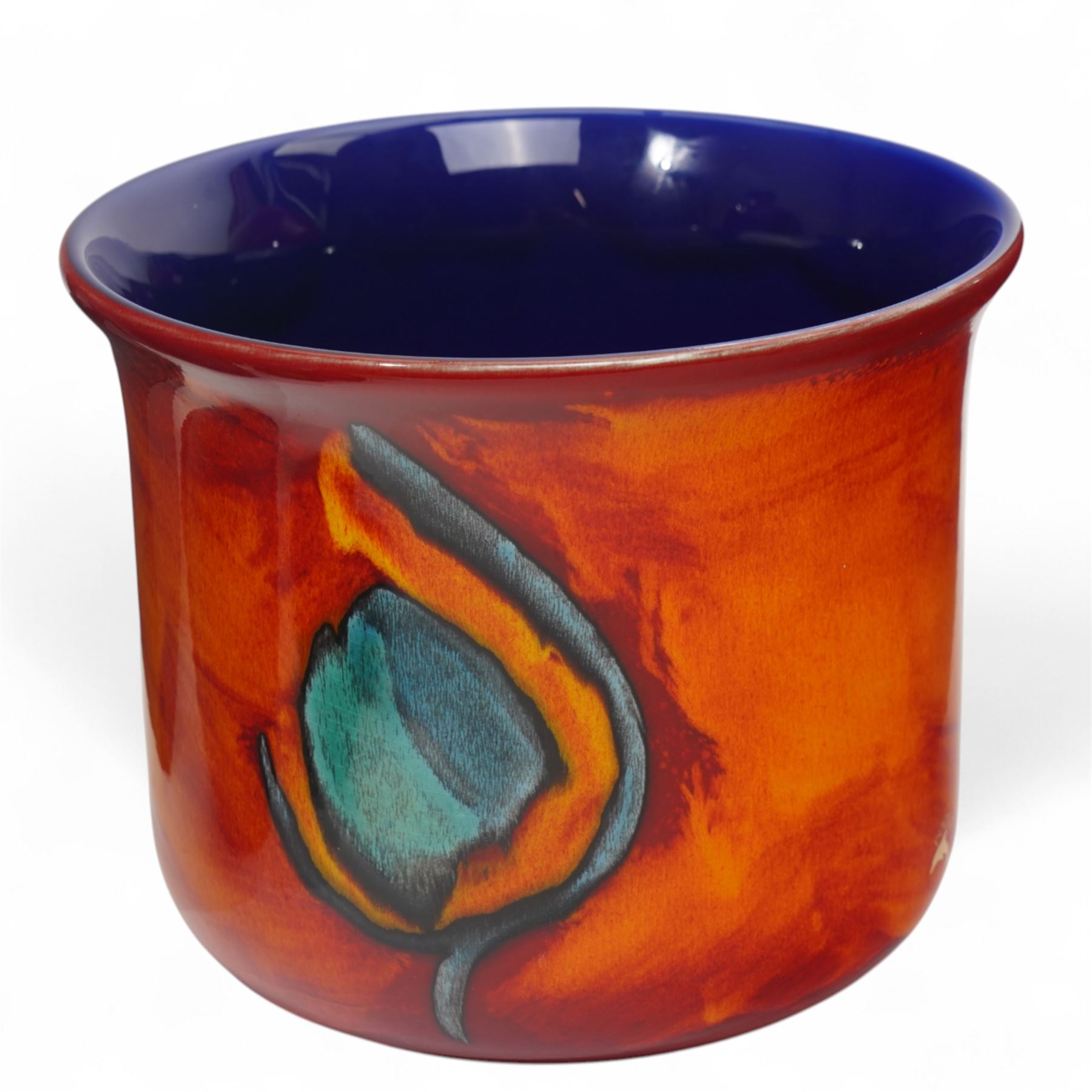 Poole pottery purse vase decorated in the Odyssey pattern, Odyssey pattern fern pot D17cm and a Poole Peacock pattern fern pot D19cm (3)