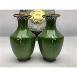 Cloisonné plate decorated with birds and flowers, together with a pair of Cloisonné vases of baluster form 
