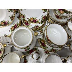Royal Albert Old Country Roses pattern part tea and dinner service, to include two teapots, coffee pot, nine teacups and saucers, open sucrier, milk jug, three tier cake stand, six dinner plates, six bowls, four twin handled soup bowls and saucers, etc (46)