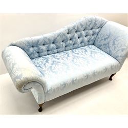 Early 20th century chaise longue, shaped cresting rail, scrolling arms, cabriole feet upholstered in light blue deep buttoned damask fabric 