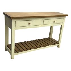 Fired Earth - contemporary Bastide style console table, oak top over cream painted frame fitted with two drawers and turned wooden handles, above a slatted oak undertier, raised on square supports