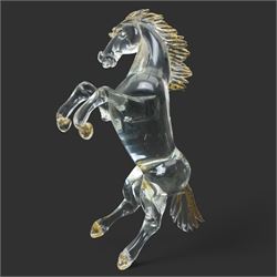 After Oscar Zanetti - Two Murano glass rearing horses with aventurine details to mane tail and hooves, larger 35cm and a Murano dolphin H24cm (3)