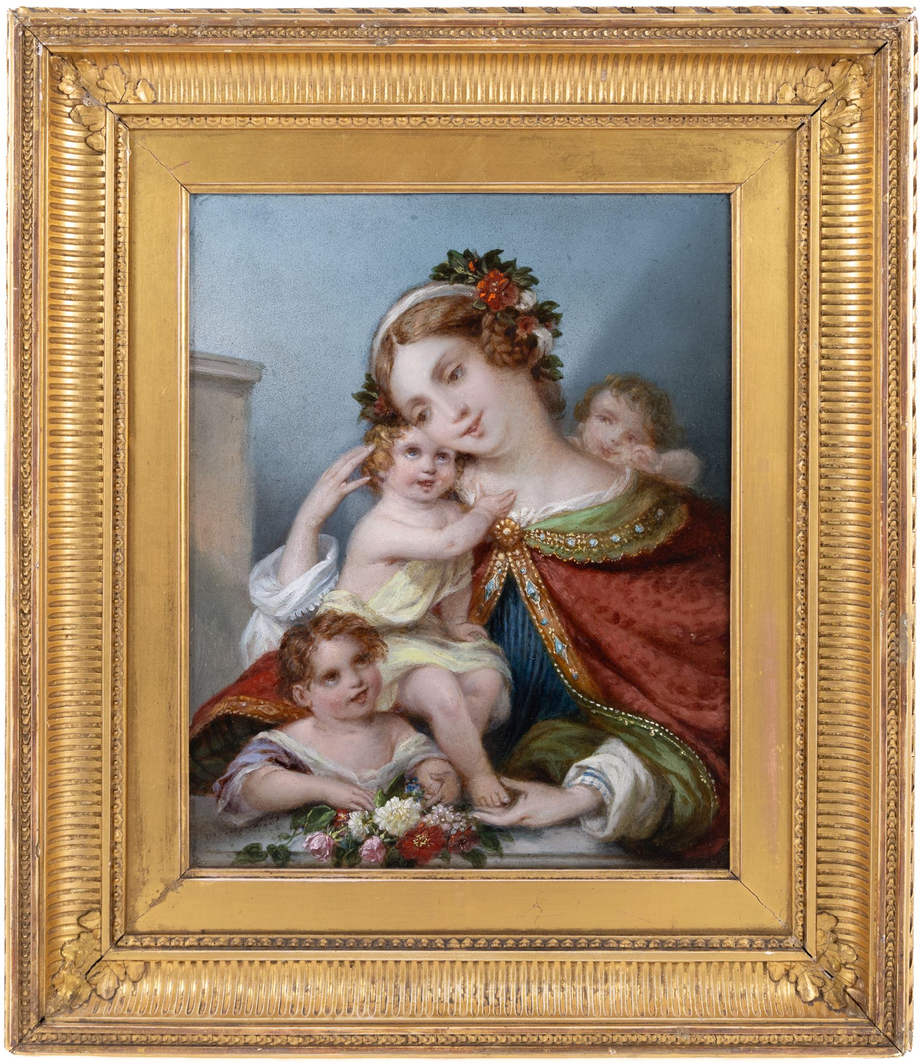 Siegfried Detlev Bendixen (German 1786-c1864): 'Faith' and 'Love', pair oils on panel faintly signed and one dated 1866, titled and inscribed verso 'Painted by S Bendixen 1866 and finished for the Countess of Tyrconnel at Kiplin March 1867', relating these to Kiplin Hall, near Richmond, and the Countess Sarah Carpenter (1799-1868), 27cm x 22cm (2)
Notes: Although the death of the artist is widely recorded as 1864, there is little information available regarding his time in England after moving to London in 1832, and the circumstances of his death are unknown. These portraits being dated 1866/1867 plausibly suggests that he died at a later date.