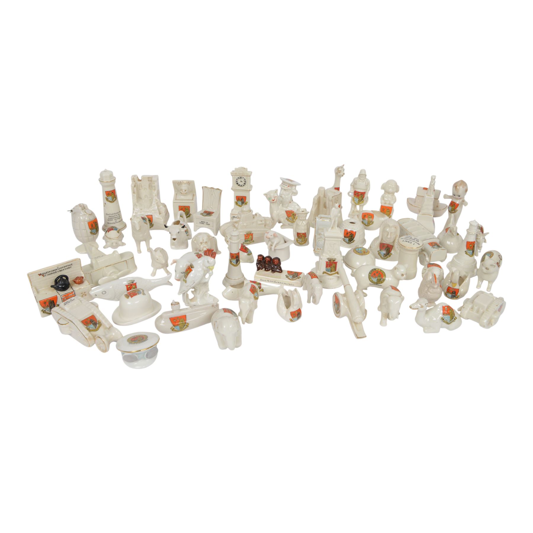 Scarborough Crested Ware including, tanks, a grenade, plane, canon, Scarborough castle, lobster pot, camera etc   