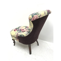 Pair early 19th century buttoned back waisted occasional chairs on turned walnut supports terminating in brass mounted ceramic castors, upholstered in vintage floral Sanderson 'Beaulieu' with complementary aubergine velvet backs (sprung seats completely renewed), total height - 83cm, seat height - 45cm