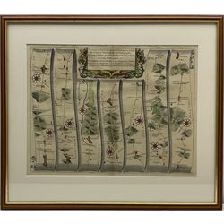 John Ogilby (British 1600-1676): 'The Extended Road from Oakham to Richmond in Yorkshire', late 17th century engraved strip map with hand colouring 35cm x 46cm