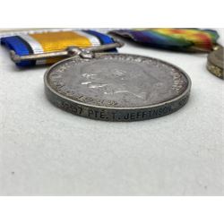 WWI pair of medals comprising British War Medal and Victory Medal awarded to 39357 Pte. T. Jeffinson Northumberland Fusiliers; both with ribbons (2)