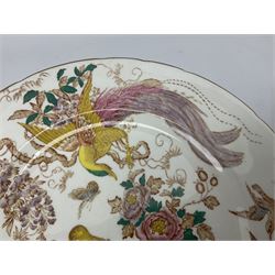 Five early 20th century Royal Crown Derby Olde Avesbury pattern dinner plates, decorated with oriental pheasants, butterflies and other birds amongst flowering branches, with impressed and printed marks to reverse, D26.5cm