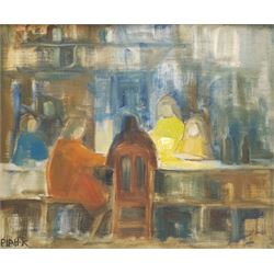 Pia Hesselmark-Campbell (Swedish 1910-2013): Figures at the Bar, oil on canvas signed 37cm x 45cm