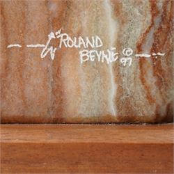 Roland Beyale (Native American Contemporary): Proudly Stood Man, carved alabaster sculpture signed and dated '97, on wooden base, overall H53cm 