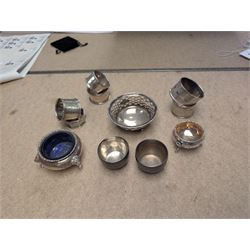 Group of silver, comprising napkin rings, open salts, egg cups, etc all hallmarked 