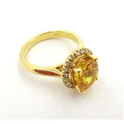  18ct gold yellow sapphire and diamond halo cluster ring hallmarked sapphire approx 3.7 carat  