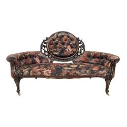 Victorian mahogany framed serpentine sofa, double curved scroll ends, upholstered in rose fabric, terminating in ceramic castors 