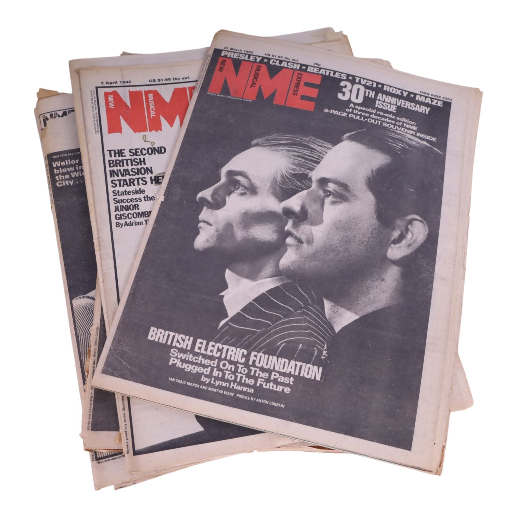 1980s music magazines, including seventeen 1982 Record Mirror examples and one-hundred and forty nine NME magazines spanning years 1980 to 1986