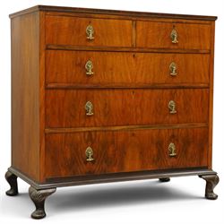 Early 20th century figured walnut chest, rectangular top with burr crossbanding, fitted with two short over three long drawers with brass drop-handles, lower moulded edge over shell-carved cabriole feet