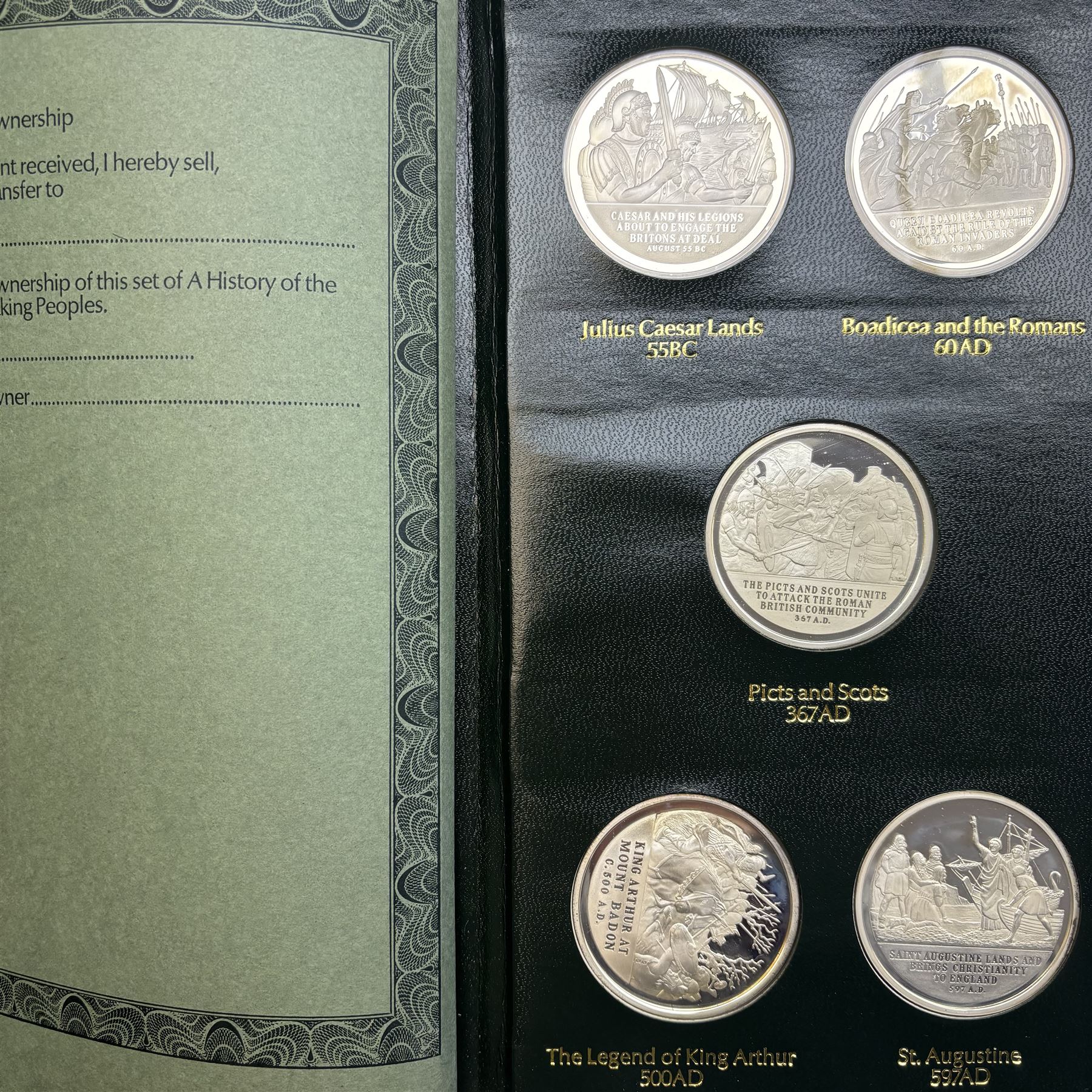 Limited Edition Danbury Mint 'History of the English Speaking Peoples' complete set of fifty silver medallions, each depicting historical figures and scenes from Julius Caesar Lands 55BC to Second World War 1939AD, contained within leatherette folder with personalised presentation to cover and interior, no. 2780/7500