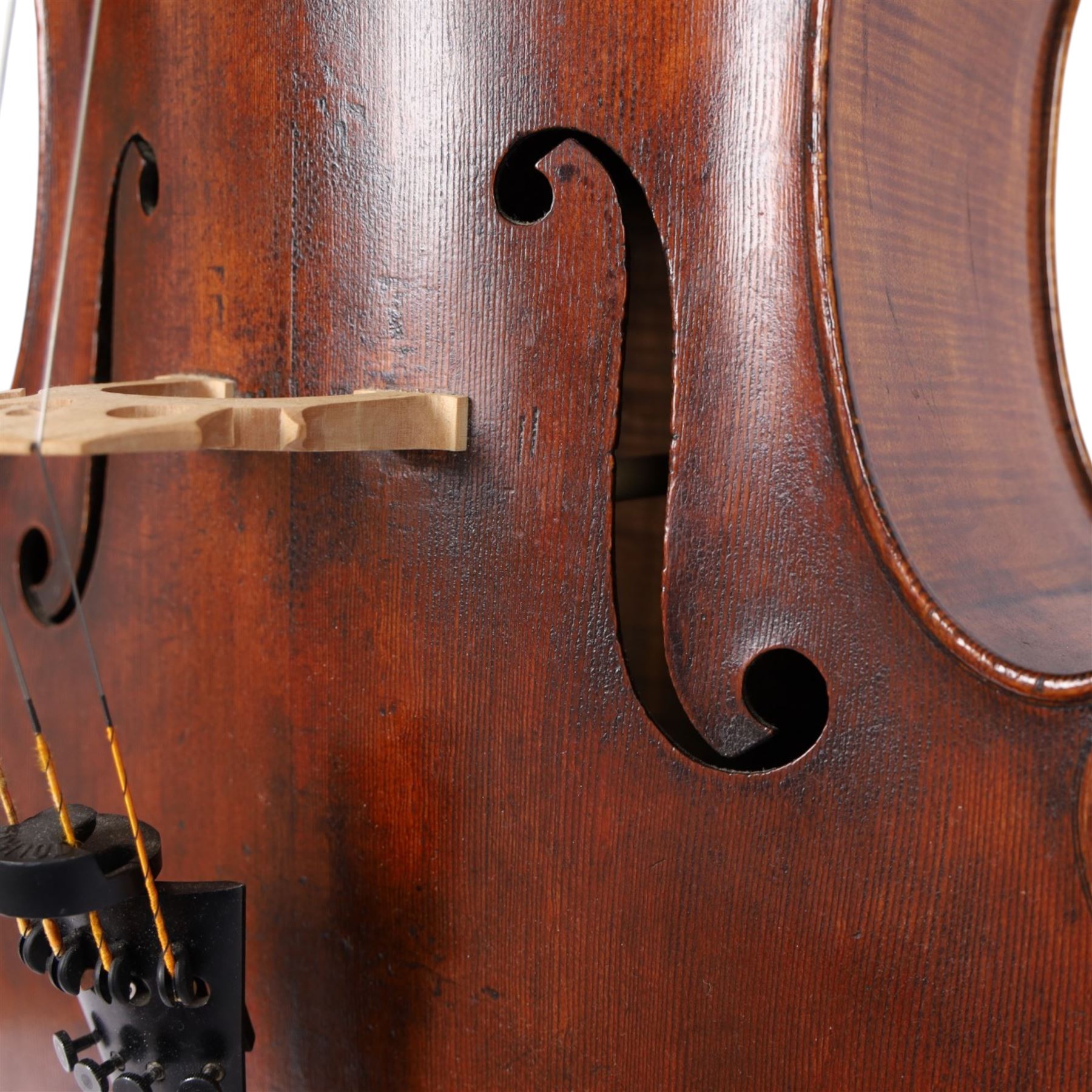 Early 19th century English cello by Samuel Gilkes of London, circa 1820, with two piece back and pine table finished in a golden brown varnish, certificate of authenticity from D.R Hill & Son, Buckinghamshire, numbered H494 in their records, in Hiscox hard case, with two horse hair cello bows, the first an English example stamped Ferranda Millars Liverpool, the second a German example stamped R. Paesold, both with ebonised mother of pearl/abalone frogs and ivory tip plates
This item has been registered for sale under Section 10 of the APHA Ivory Act
