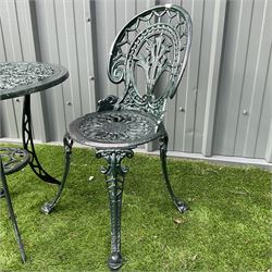 Cast aluminium garden table and two chairs with cast iron side table painted in dark green - THIS LOT IS TO BE COLLECTED BY APPOINTMENT FROM DUGGLEBY STORAGE, GREAT HILL, EASTFIELD, SCARBOROUGH, YO11 3TX