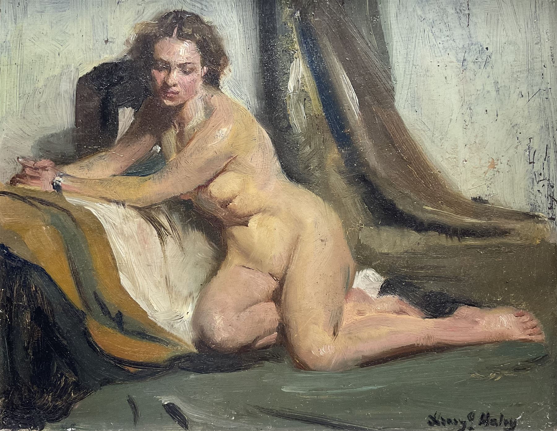 Henry James Haley (British 1874-1964): Reclining Nude, oil on panel signed 20cm x 25cm