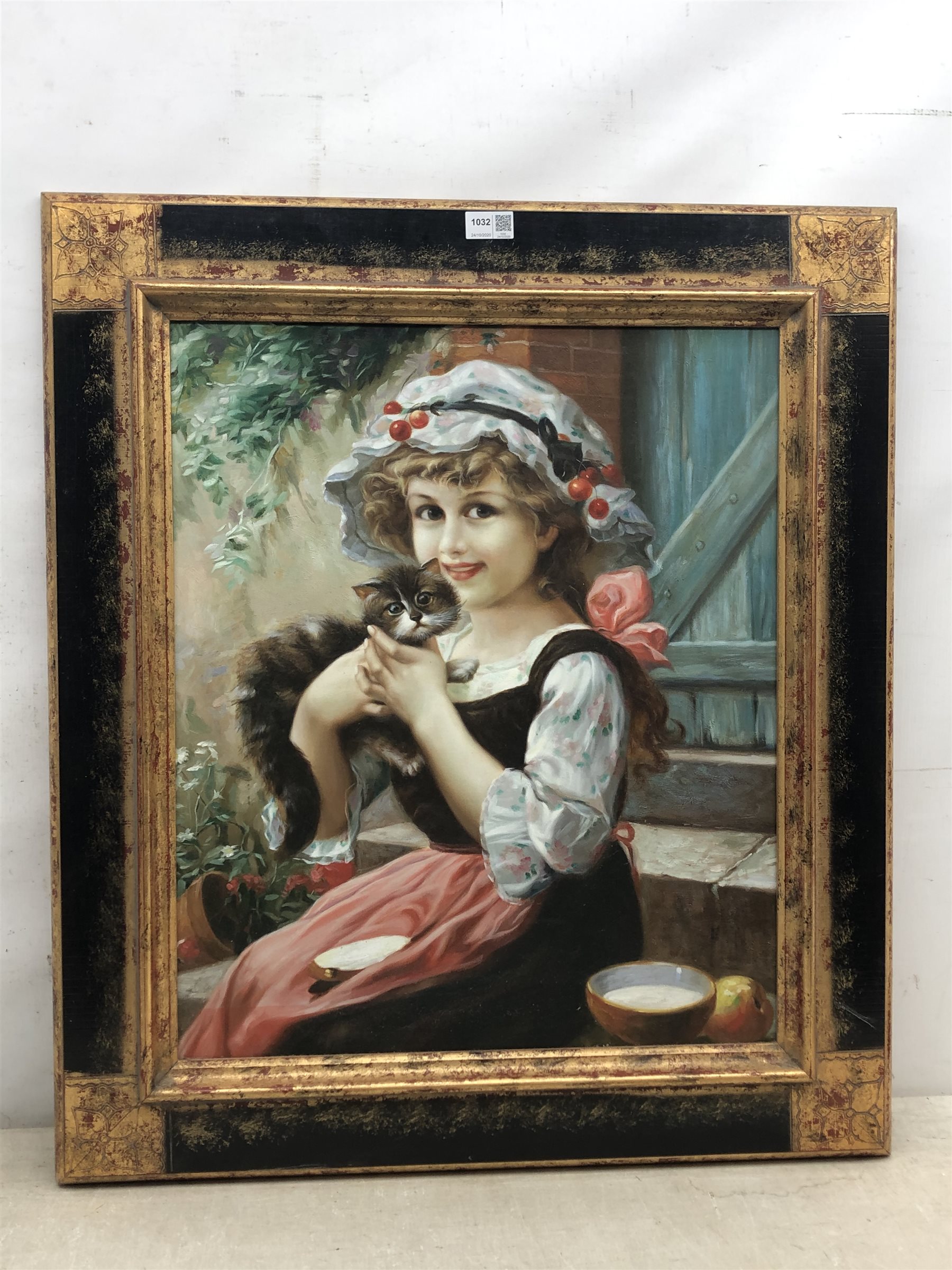 English School (Late 20th century): Girl with a Kitten, oil on canvas laid on board unsigned 59cm x 49cm