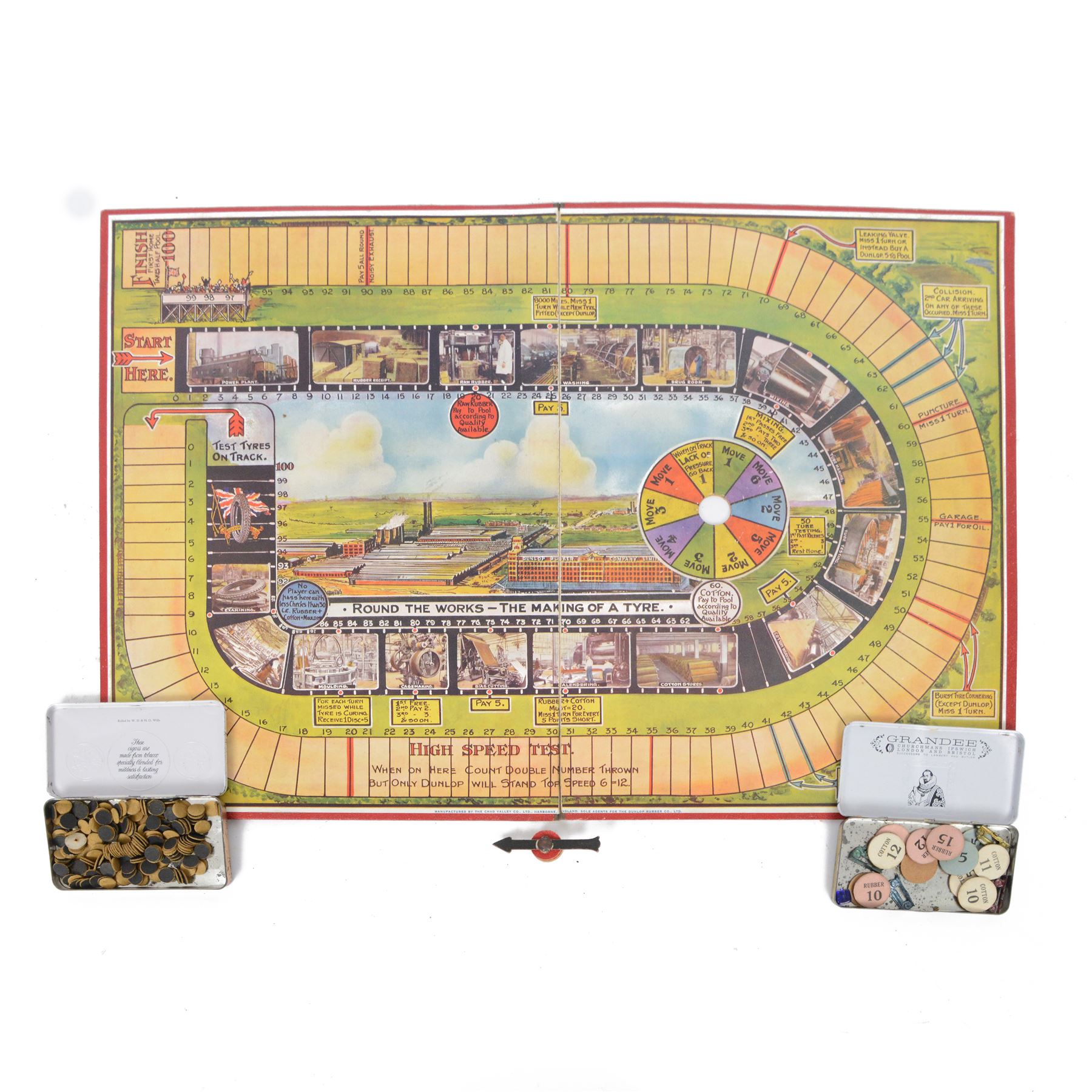 1930s Chad Valley Dunlopillo board game, with board, metal racing car counters, card counters and spinner, in original box