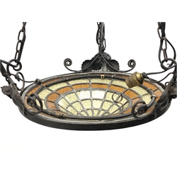  Art Nouveau style wrought metal ceiling light fitting, dome leaded glass central shade, three scroll branches decorated with roses, each with matching leaded glass shades, L60cm  