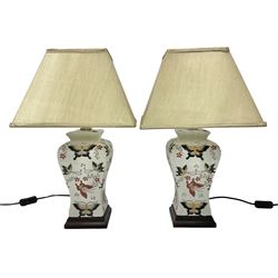 Pair of table lamps of square baluster form, decorated in a butterfly motif, upon a square base, including shade H55cm