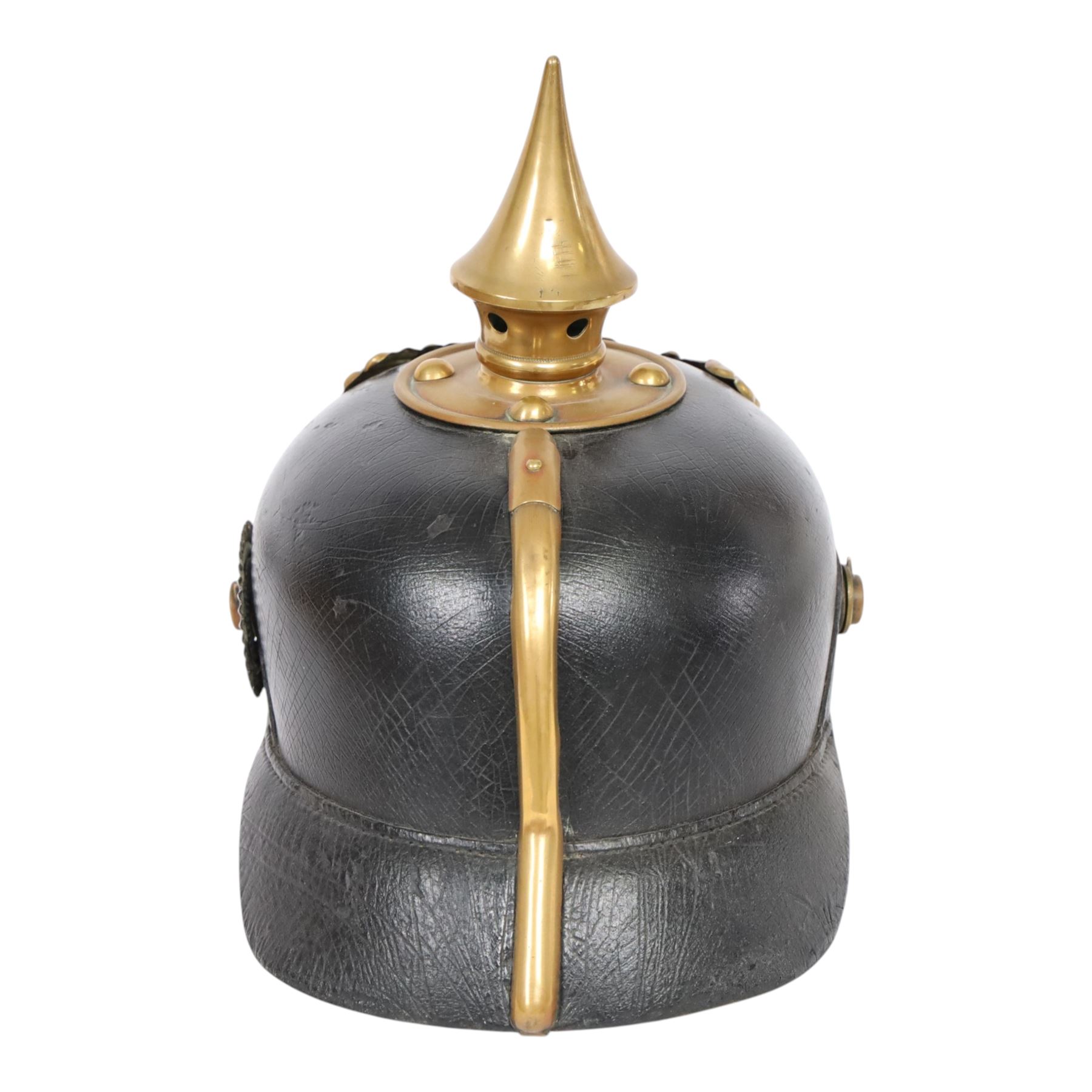 WWI Prussian M1895 Pickelhaube, Infantry 48 3rd battalion, the black leather skull with brass spike finial, brass eagle helmet plate and leather chin strap, one side with a black cockade, with leather lining  marked JR48 