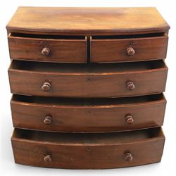 19th century bow fronted mahogany chest, two short over three graduating drawers, raised on bracket feet