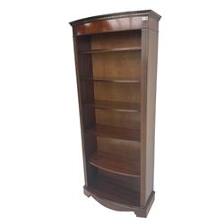 Georgian design mahogany 6' bow-front open bookcase, dentil cornice over banded frieze, five adjustable shelves flanked by fluted uprights