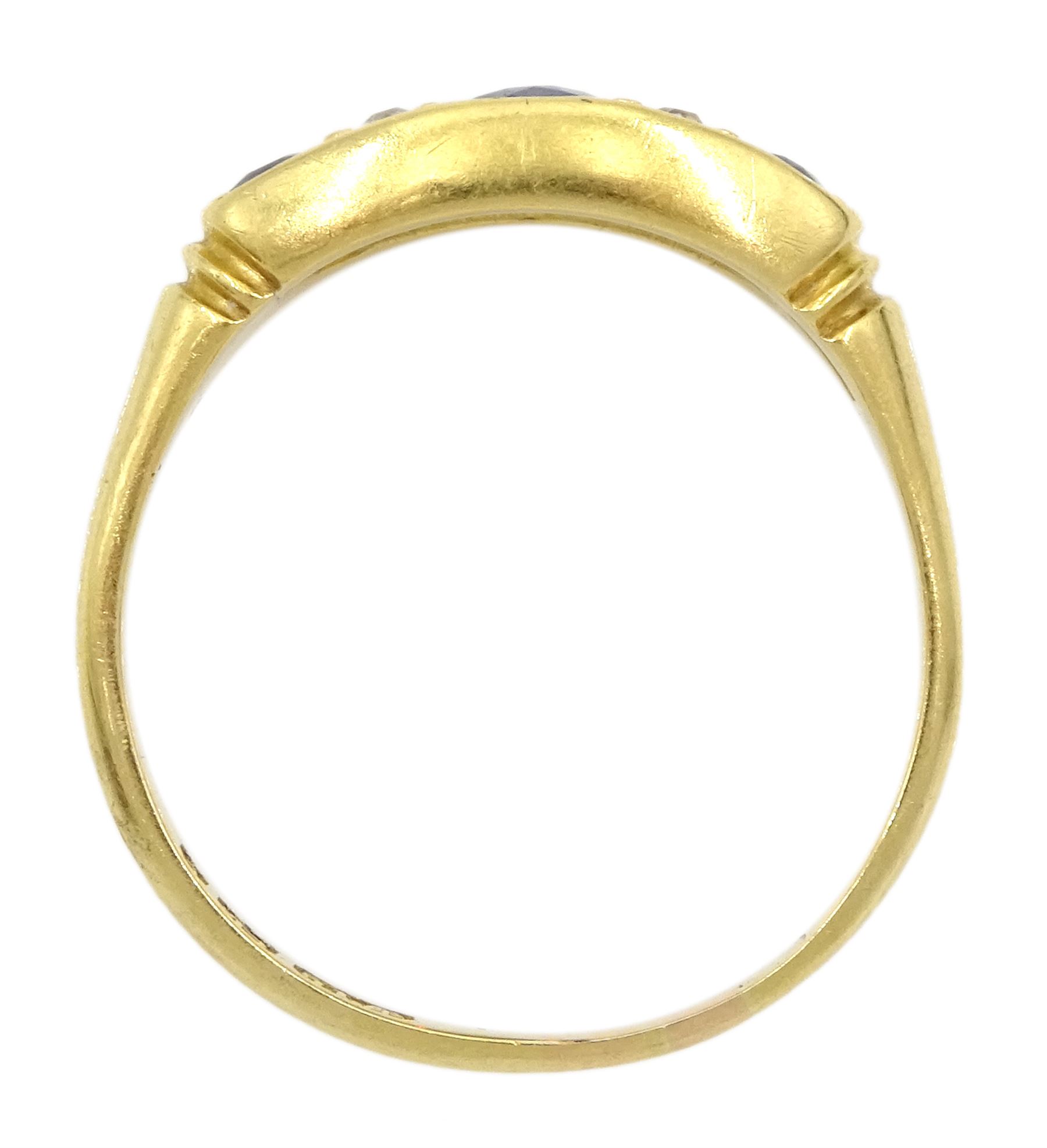 Victorian 18ct gold three stone oval sapphire ring, the central sapphire with two old cut diamonds set either side, Birmingham 1898, total sapphire weight approx 1.00 carat