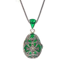 Silver green plique-a-jour and marcasite locket pendant necklace, stamped 925
