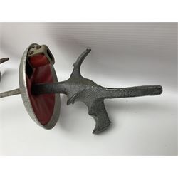 Late Victorian British Military gymnasium practice sword with 85.5cm fullered blunt pointed narrow straight blade, pierced bowl guard and chequered wooden grip L103cm overall; Leon Paul fencing foil with shaped grip and touche wiring; and two reproduction Indian tulwar swords with scabbards (4)