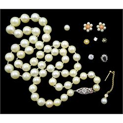 Single strand pearl necklace, with gold clasp, pair of gold pearl and coral stud earrings and a collection of gold odd stud earrings , all 9ct hallmarked or tested