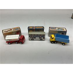 Five matchbox 1-75 Series die-cast models - 5f, 14f, 30f, 50d and 74e; together with two Matchbox Silver Jubilee Souvenir Buses; all boxed; together with a JC Russian Alfa Romeo Giuila SS; boxed; a Matchbox Catalogue 1981/2 and a Dinky Catalogue 1978.