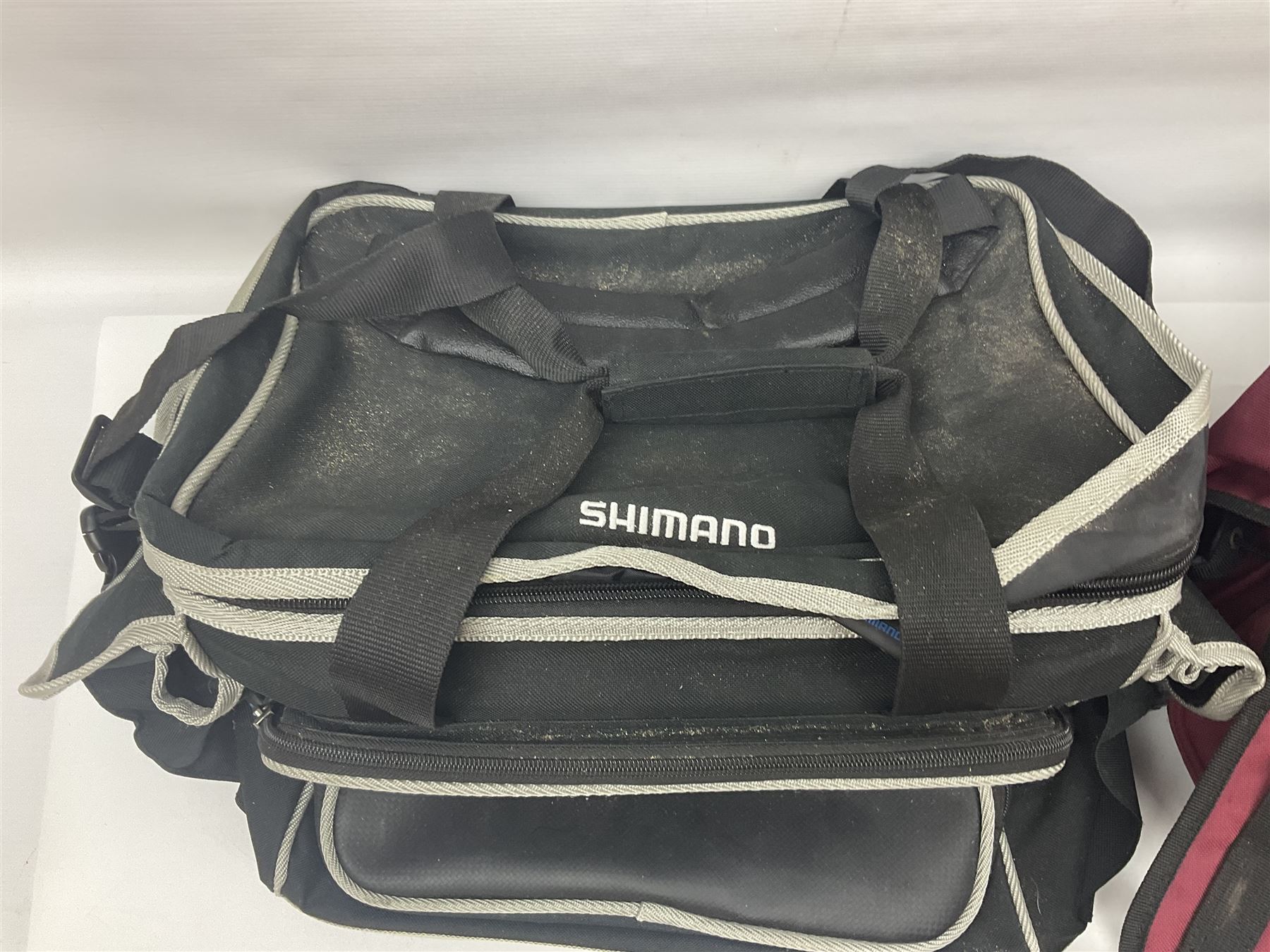 Collection of fishing memorabillia and equipment, including an Allcocks three piece split cane trout fly rod, Shakespeare Salt 3600 surf rod, two tackle bags, Old Red Seastreak multiplier reel, Sportext Saltwater fixed spool reel, fishing dvds, etc